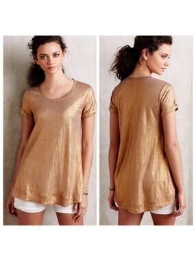 Anthropologie Bordeaux 100% Linen Copper Metallic Short Sleeve Tee Size Large